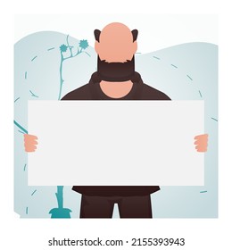 A man holds an empty tablet in his hands. Rally. Cartoon style. Vector illustration