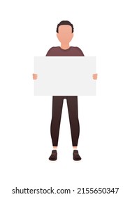 A man holds an empty tablet in his hands. Isolated. Cartoon style. Vector illustration