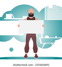 A man holds an empty tablet in his hands. Place for your advertisement. Cartoon style. Vector illustration