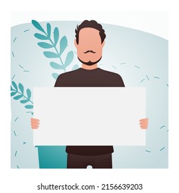 A man holds an empty tablet in his hands. Place for your advertisement. Cartoon style. Vector illustration