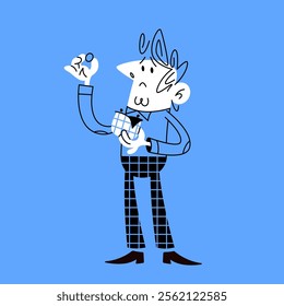 A man holds an empty wallet and examines a coin.  How to save money for a rainy day. Rising inflation. The economic crisis. Doodle vector illustration.