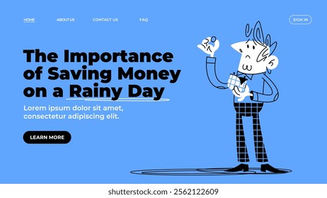 A man holds an empty wallet and examines a coin.  How to save money for a rainy day. Rising inflation. The economic crisis. Template of web banner and landing page. Doodle vector illustration.