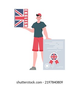 A man holds an English dictionary and a certificate in his hands. The concept of learning English. Isolated. trendy style. Vector illustration.