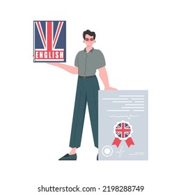 A man holds an English dictionary and a certificate in his hands. The concept of learning English. Isolated. Trendy cartoon style. Vector illustration.