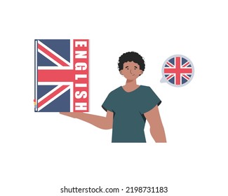 A man holds an English dictionary in his hands. The concept of teaching English. Isolated. trendy style. Vector illustration.