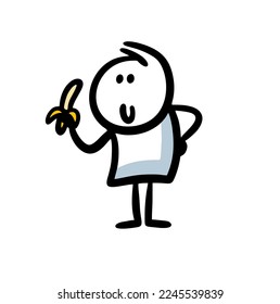 A man holds an exotic banana fruit in his hand and is going to have breakfast. Vector illustration of a teenager eating.