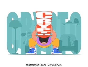 Un hombre sostiene una criptodivisa que cae. personaje gracioso. Concepto de criptodivisa.