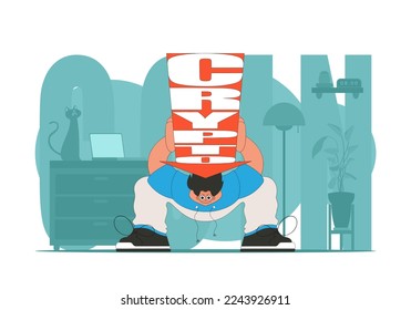 Un hombre sostiene una criptodivisa que cae. personaje gracioso. Tema de intercambio de criptografía y fiat.
