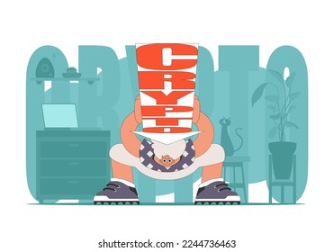 A man holds a falling cryptocurrency. funny character. Cryptocurrency theme.