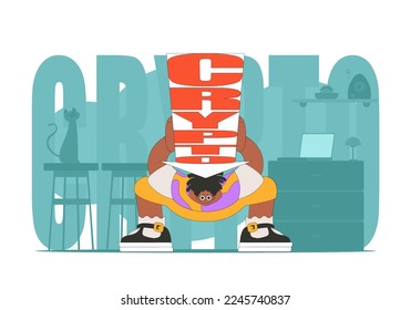 A man holds a falling cryptocurrency. funny character. Theme of interaction with digital monetary assets.