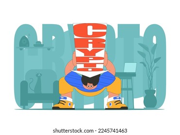 Un hombre sostiene una criptodivisa que cae. carácter positivo. Concepto de criptodivisa e intercambio de fibras.