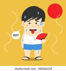 Man holds a fan on a hot day, character flat design vector illustration.