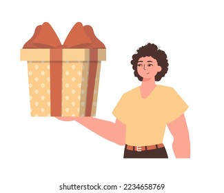 A man holds a festive gift box. Modern style. Vector.