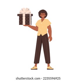 Ein Mann hält eine festliche Geschenkbox in den Händen. Moderner Stil. Vektorgrafik.