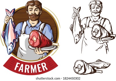 A man holds fish and meat. Ham, pink salmon,   beef, pork, butcher shop. Fish shop. Vector illustration