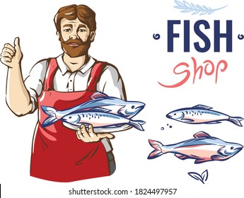 A man holds a fish on a tray. Fish shop logo. Seafood, fish, pink salmon, herring. Vector illustration.