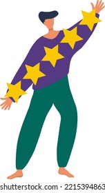 Man holds a five star rating. Simple flat design.
