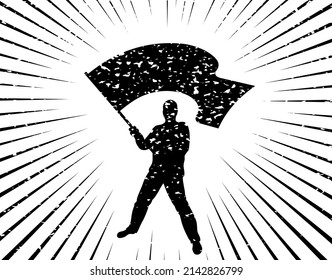 Man holds flag. Demonstration, strike and revolution concept. Political protest and the fight for human rights. Man is waving flag. Grunge style. Isolated. Vector illustration