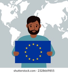A man holds the flag of the European Union in his hands against the background of a world map. Vector flat illustration.