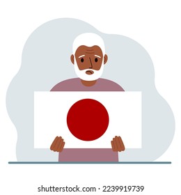A man holds the flag of Japan in his hands. The concept of demonstration, national holiday or patriotism. Nationality. Vector flat illustration