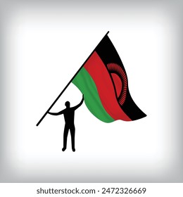A man holds the flag of MALAWI in the air. Vector flag waving. National day realistic flag illustration.