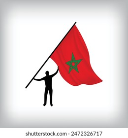 A man holds the flag of MOROCCO in the air. Vector flag waving. National day realistic flag illustration.