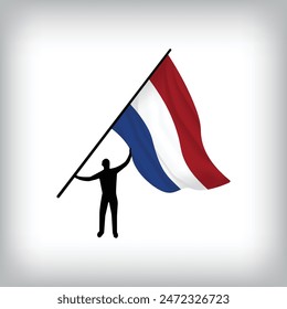 A man holds the flag of NETHERLANDS in the air. Vector flag waving. National day realistic flag illustration.
