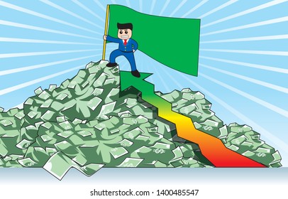 Man Holds Flag On Money Mountain