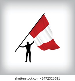 A man holds the flag of PERU in the air. Vector flag waving. National day realistic flag illustration.