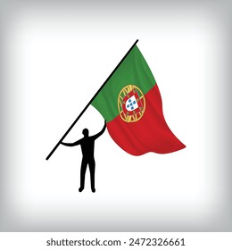 A man holds the flag of PORTUGAL in the air. Vector flag waving. National day realistic flag illustration.