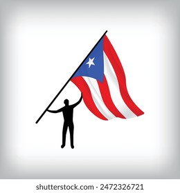 Un hombre sostiene la bandera de PUERTO RICO en el aire. Vector ondeando. Ilustración realista de la bandera del día nacional.