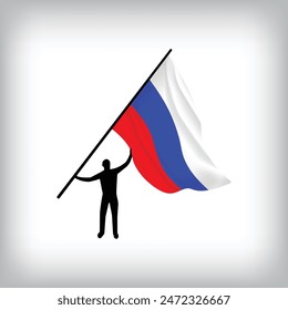 A man holds the flag of RUSSIA in the air. Vector flag waving. National day realistic flag illustration.