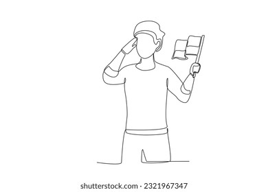 A man holds a flag and salutes. Indonesia independence day one-line drawing