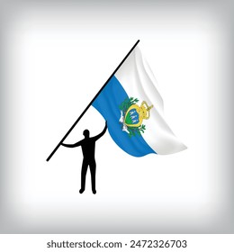 A man holds the flag of SAN MARINO in the air. Vector flag waving. National day realistic flag illustration.