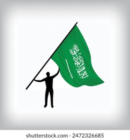 A man holds the flag of SAUDI ARABIA in the air. Vector flag waving. National day realistic flag illustration.