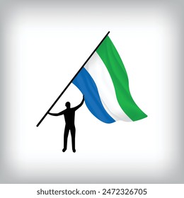 Ein Mann hält die Flagge von SIERRA LEONE in der Luft. Vektorgrafik Flag winkend. In: National Day Realistic Flag Illustration.