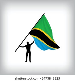 A man holds the flag of TANZANIA in the air. Vector flag waving. National day realistic flag illustration.