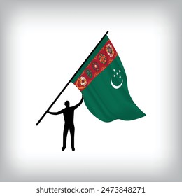A man holds the flag of TURKMENISTAN in the air. Vector flag waving. National day realistic flag illustration.