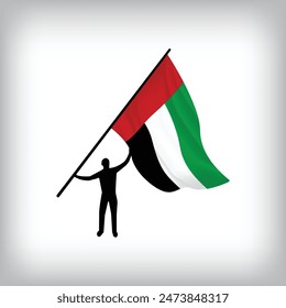 A man holds the flag of United Arab Emirates in the air. Vector flag waving. National day realistic flag illustration.