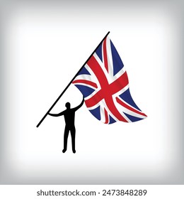 A man holds the flag of United Kingdom in the air. Vector flag waving. National day realistic flag illustration.