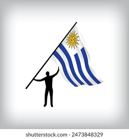 A man holds the flag of URUGUAY in the air. Vector flag waving. National day realistic flag illustration.