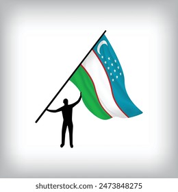 A man holds the flag of UZBEKISTAN in the air. Vector flag waving. National day realistic flag illustration.