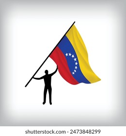 A man holds the flag of VENEZUELA in the air. Vector flag waving. National day realistic flag illustration.