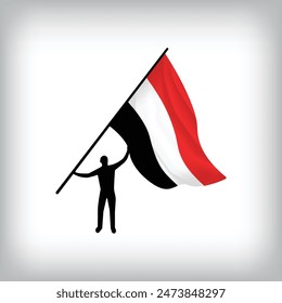 A man holds the flag of YEMEN in the air. Vector flag waving. National day realistic flag illustration.