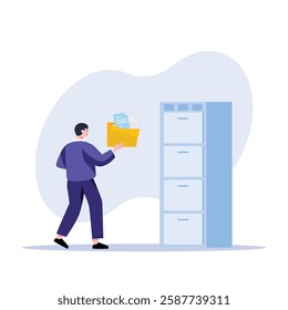 Man holds a folder to file into a cabinet in simple office illustration Great for business and organization concepts.