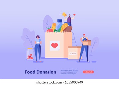 Man holds a food box in hands, woman holding a plate. Concept of help, social care, volunteering, support for poor people, food donation, charity. Cartoon flat vector illustration for web banner