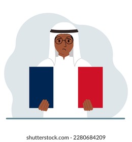 A man holds a French flag in his hands. The concept of demonstration, national holiday or patriotism. Nationality. Vector flat illustration