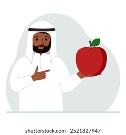 Ein Mann hält einen frischen und roten Apfel in der Hand. Der Mensch isst einen Apfel. Konzept für gesunde Ernährung. Flache Vektorgrafik
