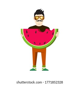 A man holds a fresh slice of watermelon vector icon, juicy bright watermelon on a white background	