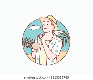 man holds a fresh young coconut in his hands. Hand drawn style vector design illustrations.